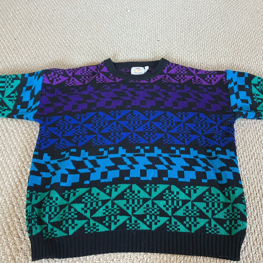 Vintage 80s Rare Short Sleeve EXPRESS Limited London Knit Sweater Geometric L